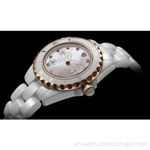 Lady's ceramic watch, elegant dial design with crystal stonesNew